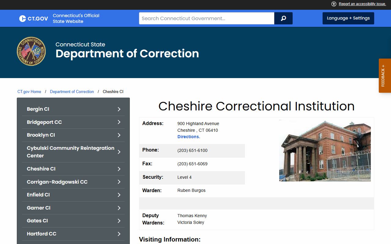Official Connecticut DOC profile for Cheshire Correctional Institution in New Haven County with visiting and history details