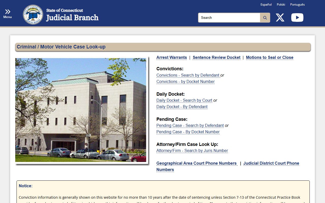 Connecticut Judicial Branch criminal and motor vehicle case lookup menu covering New Haven County court records
