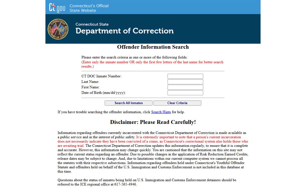 Connecticut DOC inmate information search used for New Haven County inmate population lookups