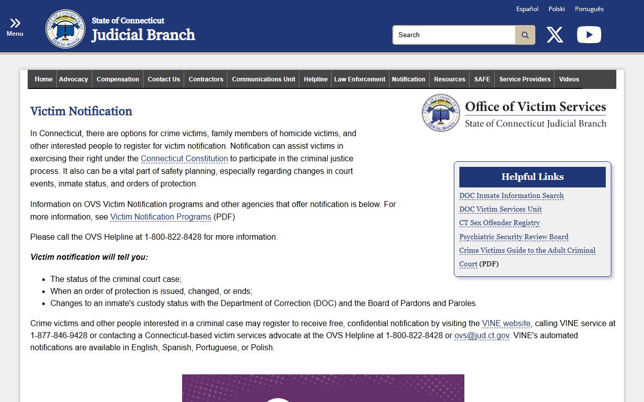 Connecticut Judicial Branch victim notification page with VINE registration for New Haven County custody alerts