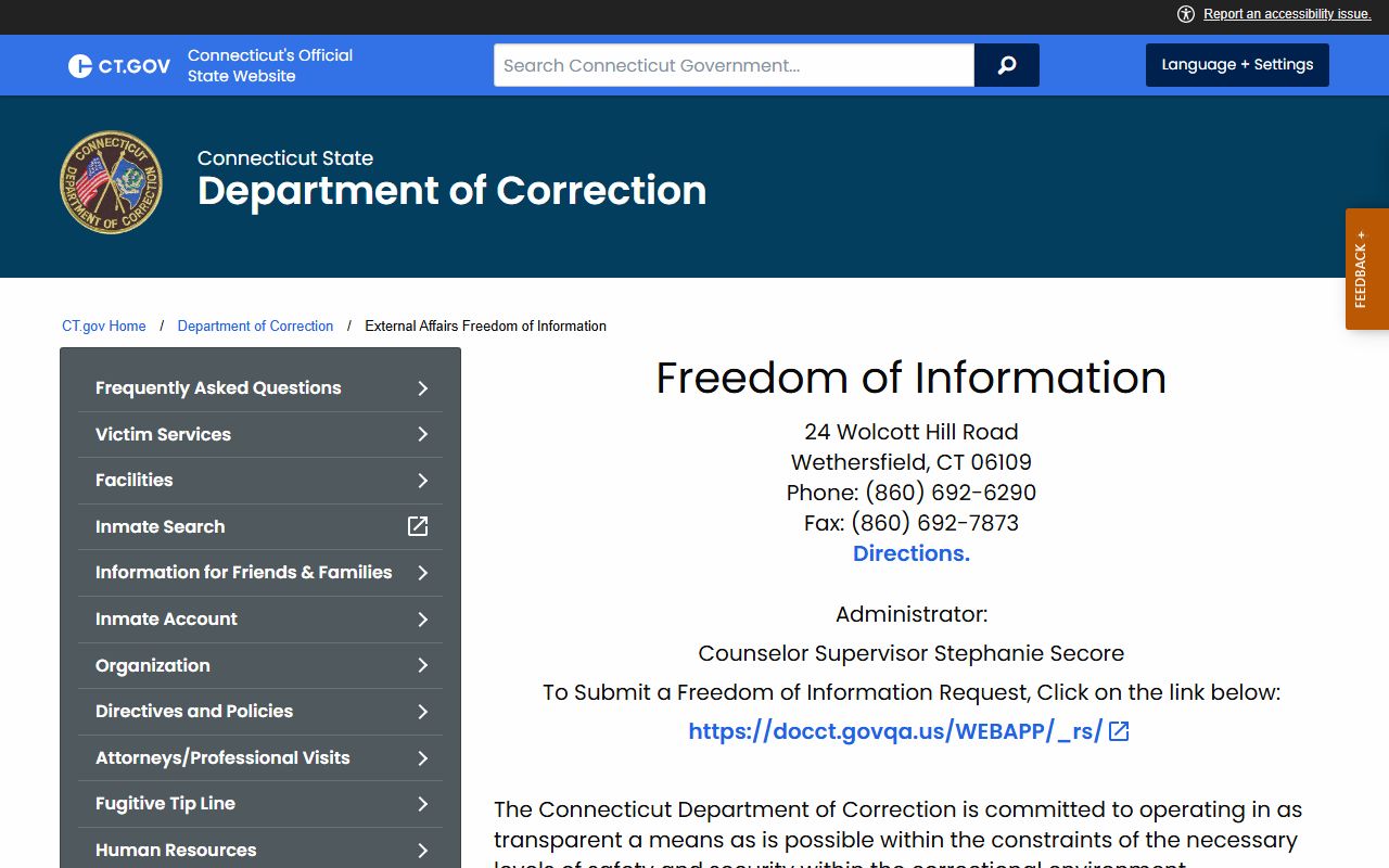 Connecticut DOC Freedom of Information office page used to request New Haven County booking photos and custody records
