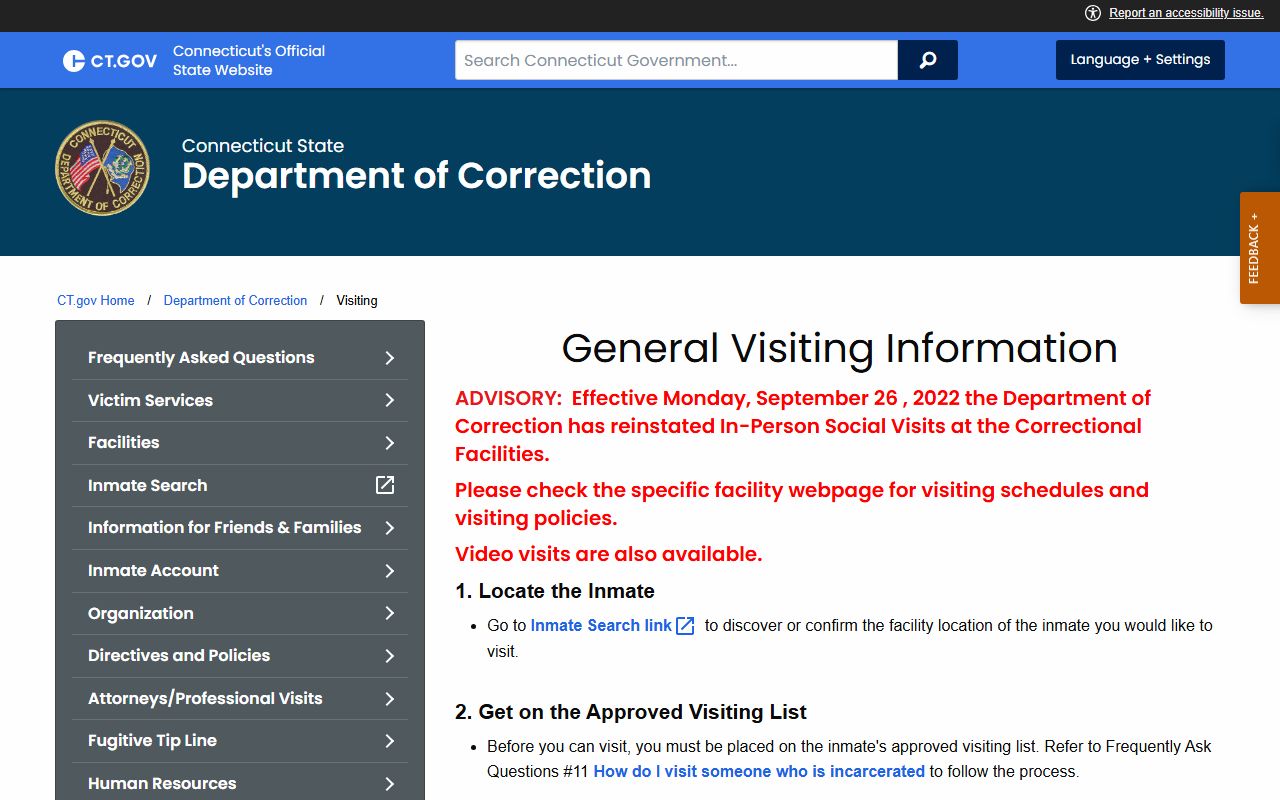 Connecticut DOC statewide visiting rules page that governs Cheshire Correctional Institution visits