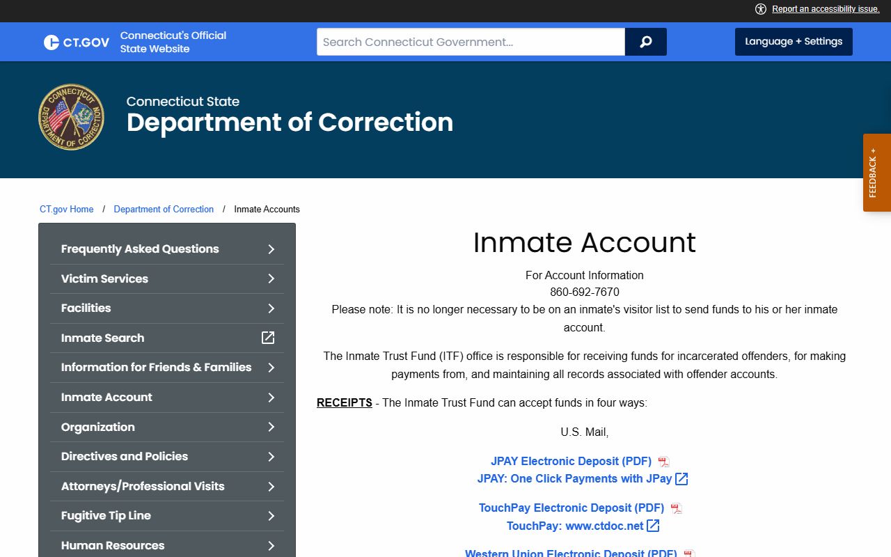 Connecticut DOC inmate trust fund and deposit options page for New Haven County inmates