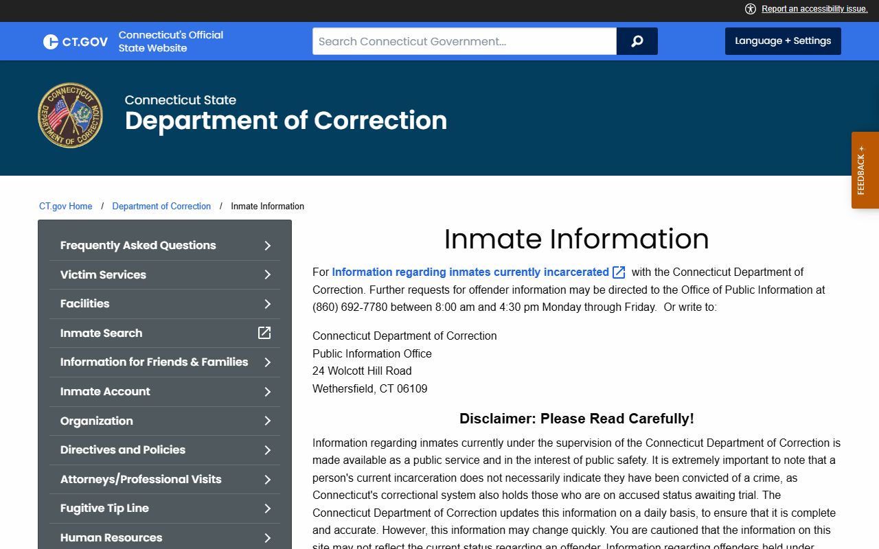 Connecticut DOC inmate information page with the daily update notice for New Haven County inmate records