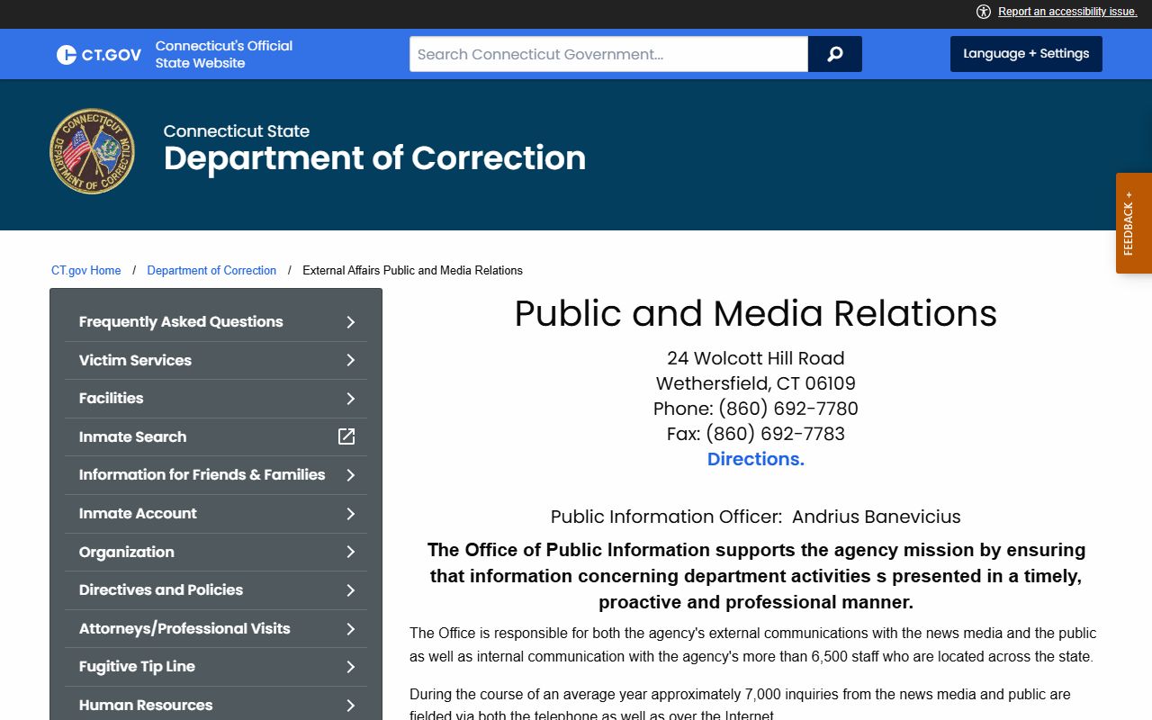 Connecticut DOC Public Information Office contact page used for New Haven County inmate record questions