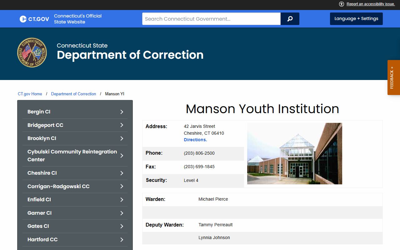 Official Connecticut DOC profile for Manson Youth Institution in New Haven County with youth facility and visiting details