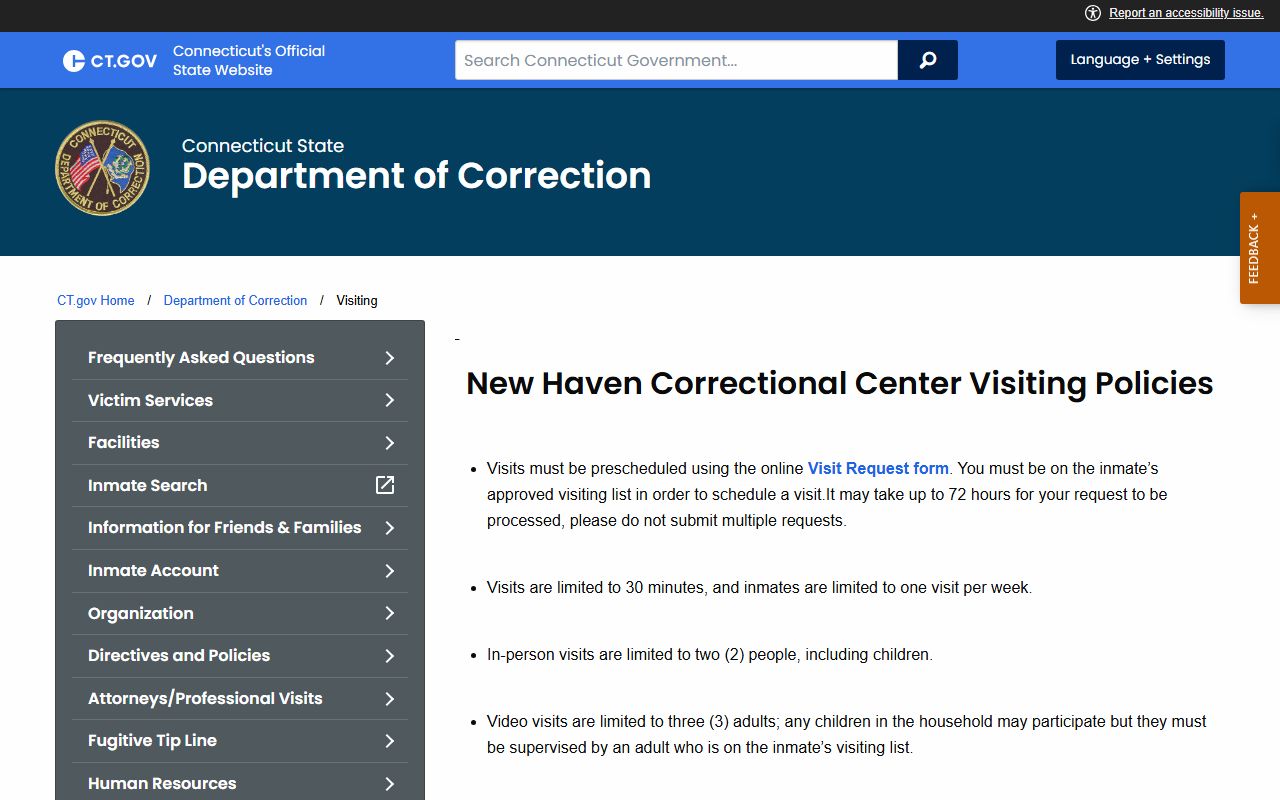 New Haven Correctional Center visiting policies page with ID requirements and visit limits