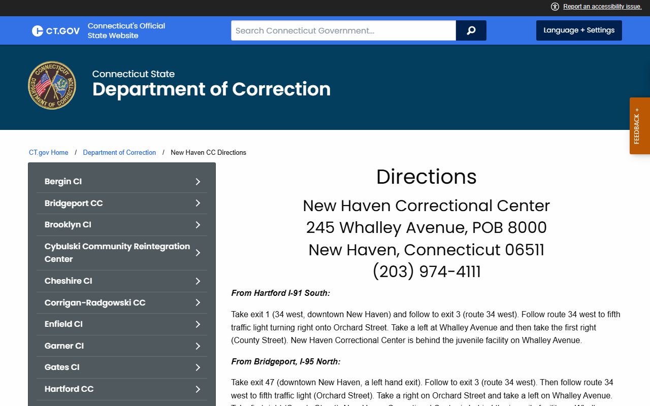 Connecticut DOC directions page for New Haven Correctional Center on Whalley Avenue in New Haven