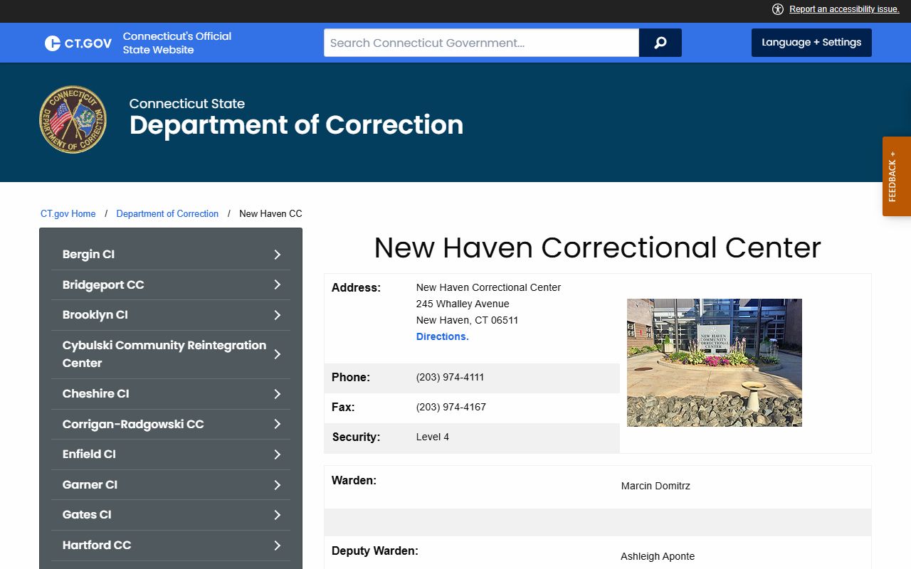 Official Connecticut DOC profile for New Haven Correctional Center with address, visiting links, and population information