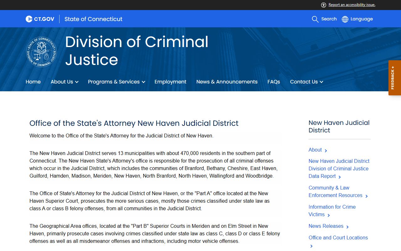 New Haven Judicial District State's Attorney page that explains who files charges after a New Haven County arrest