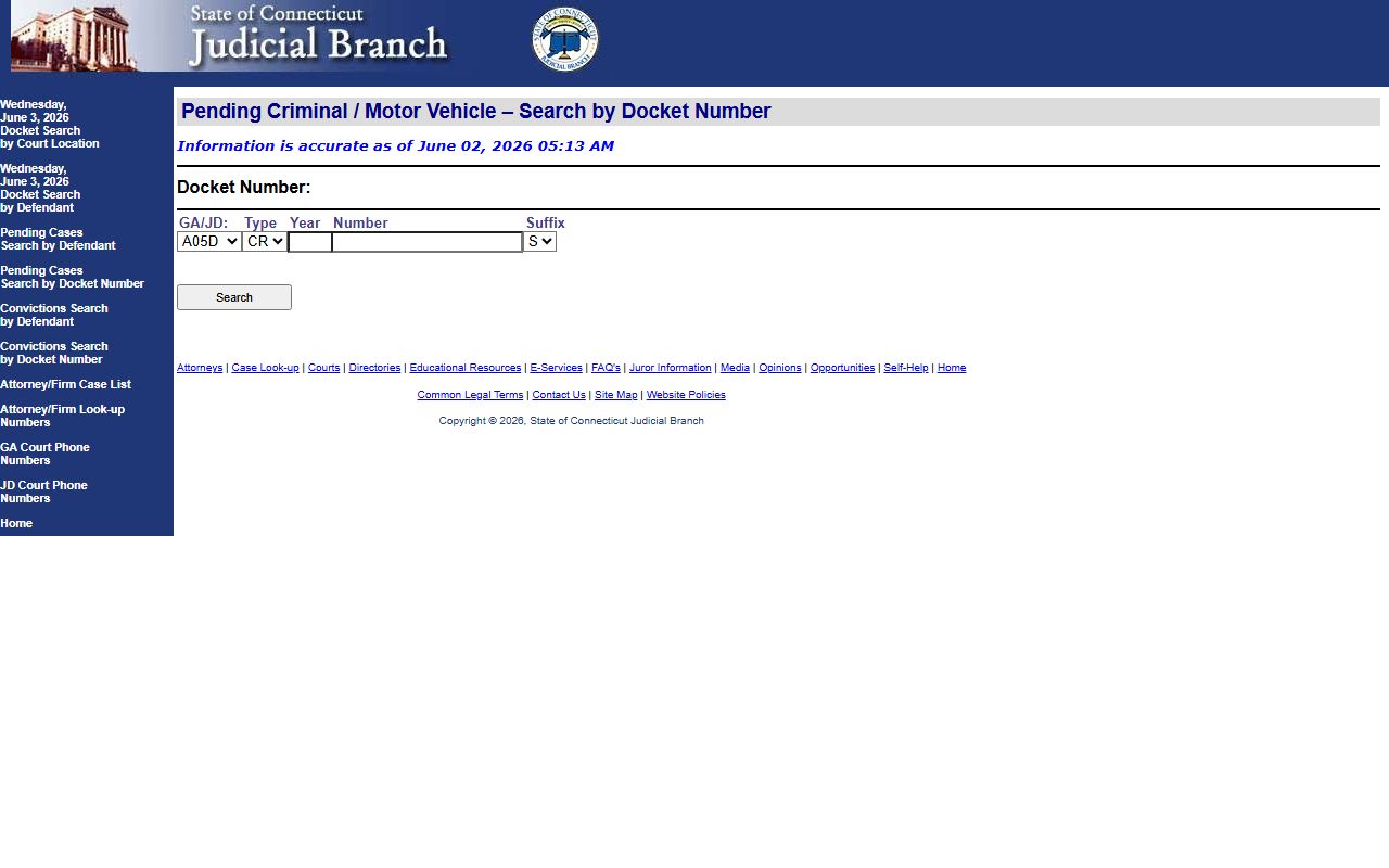 Connecticut Judicial Branch docket number search form for New Haven County criminal court records